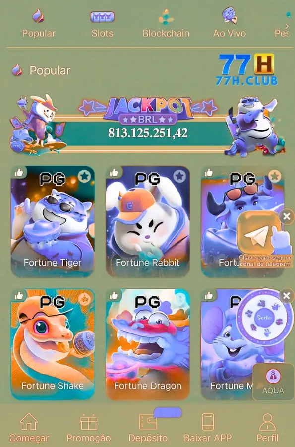 Aplicativo móvel 77H Cassino na tela de smartphone.